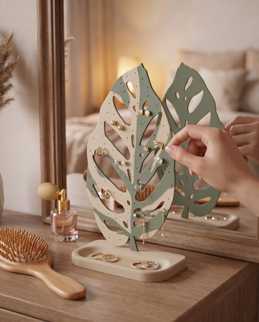 Foliage monstera leaf earring stand by EL Faro on its own tray