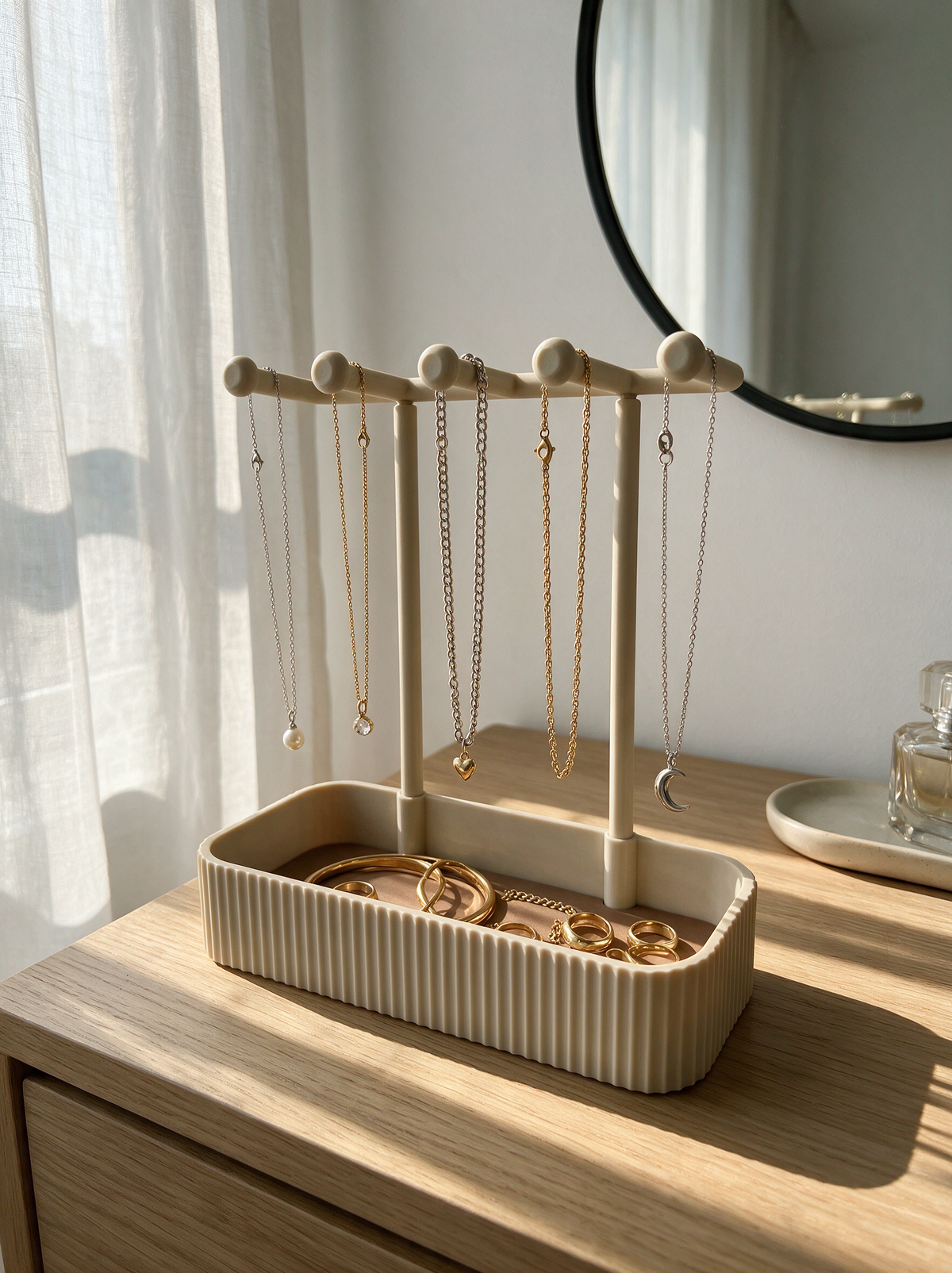 Grove sculptural jewelry tray by EL Faro with five fluted necklace pegs